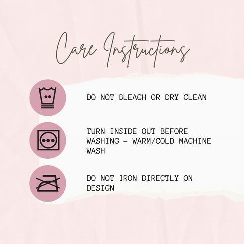 A pink and white infographic with care instructions for t-shirts.