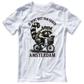 Funny Raccoon Bicycle T-shirt with Dutch Quote "Je Bent Niet Van Suiker", Amsterdam Rainy Day Tee
