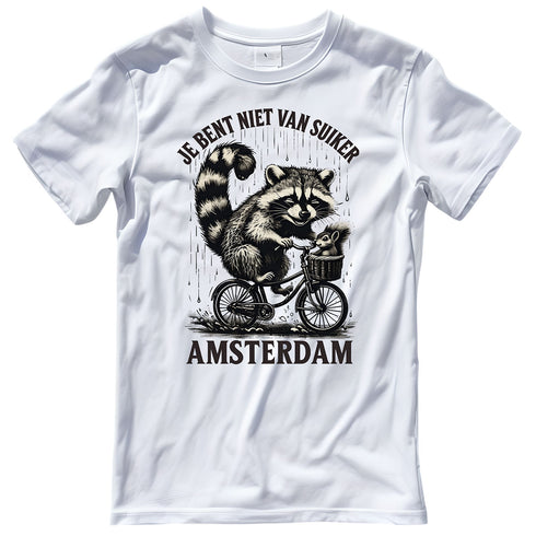 Funny Raccoon Bicycle T-shirt with Dutch Quote "Je Bent Niet Van Suiker", Amsterdam Rainy Day Tee
