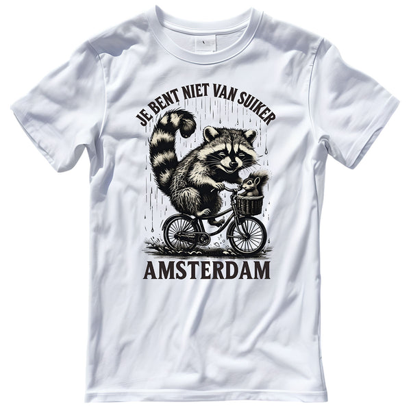 Funny Raccoon Bicycle T-shirt with Dutch Quote "Je Bent Niet Van Suiker", Amsterdam Rainy Day Tee
