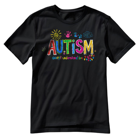 T-shirt voor autismebewustzijn met kleurrijk ontwerp en positieve boodschap: Accepteer, begrijp, liefde.